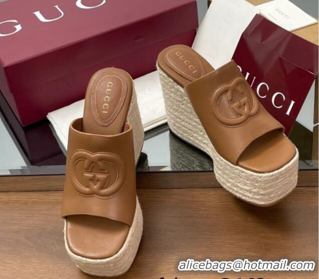 Best Grade Gucci Leather Interlocking G Wedge Slides Sandal 11cm Brown 2025 817212