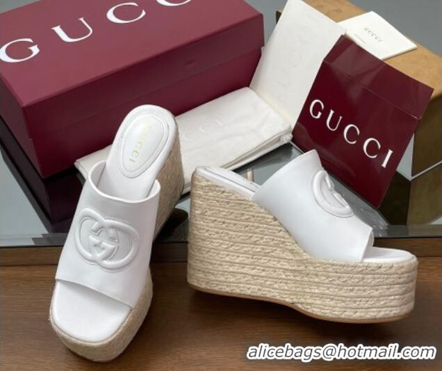 Luxurious Gucci Leather Interlocking G Wedge Slides Sandal 11cm White 2025 817212