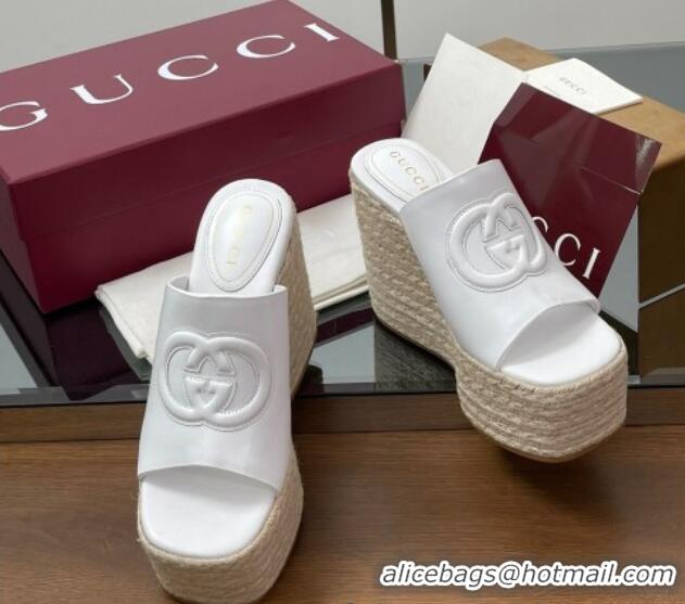 Luxurious Gucci Leather Interlocking G Wedge Slides Sandal 11cm White 2025 817212