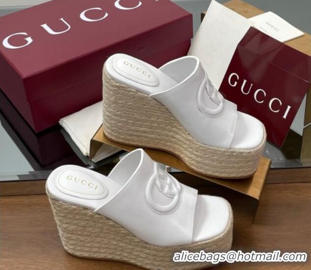 Luxurious Gucci Leather Interlocking G Wedge Slides Sandal 11cm White 2025 817212