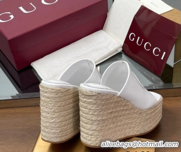 Luxurious Gucci Leather Interlocking G Wedge Slides Sandal 11cm White 2025 817212