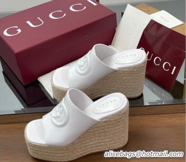Luxurious Gucci Leather Interlocking G Wedge Slides Sandal 11cm White 2025 817212