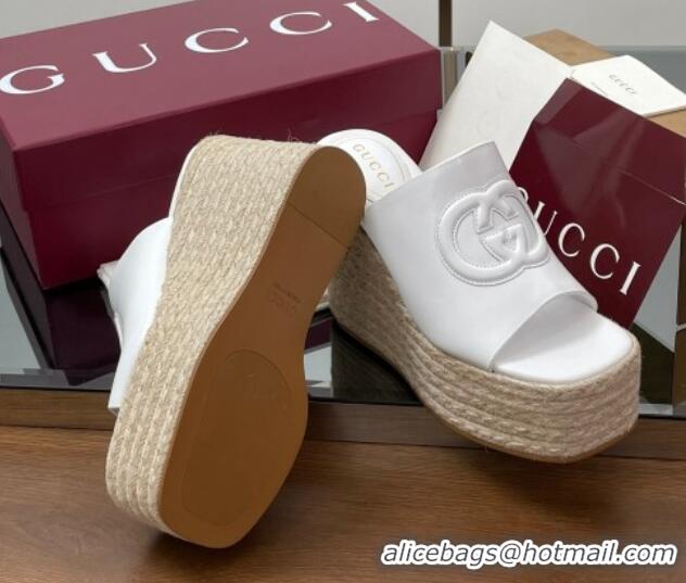 Luxurious Gucci Leather Interlocking G Wedge Slides Sandal 11cm White 2025 817212