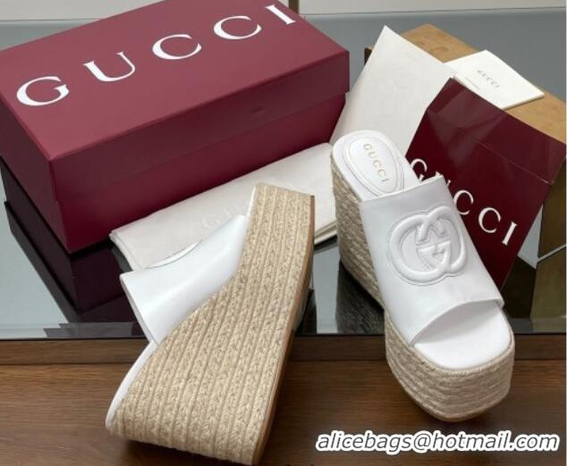 Luxurious Gucci Leather Interlocking G Wedge Slides Sandal 11cm White 2025 817212