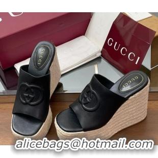 Buy Luxury Gucci Leather Interlocking G Wedge Slides Sandal 11cm Black 2025 817212