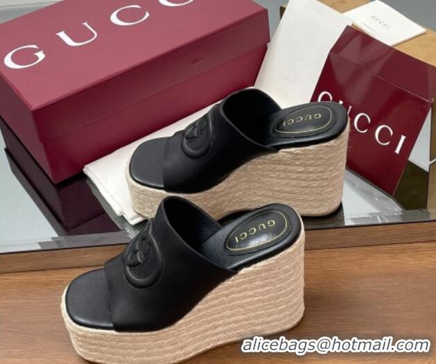 Buy Luxury Gucci Leather Interlocking G Wedge Slides Sandal 11cm Black 2025 817212