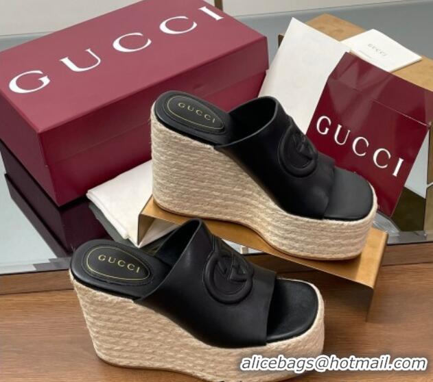 Buy Luxury Gucci Leather Interlocking G Wedge Slides Sandal 11cm Black 2025 817212