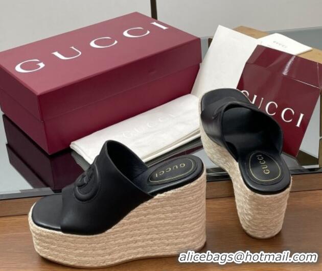 Buy Luxury Gucci Leather Interlocking G Wedge Slides Sandal 11cm Black 2025 817212
