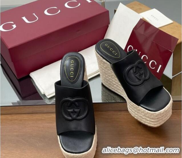 Buy Luxury Gucci Leather Interlocking G Wedge Slides Sandal 11cm Black 2025 817212