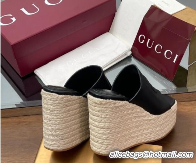 Buy Luxury Gucci Leather Interlocking G Wedge Slides Sandal 11cm Black 2025 817212