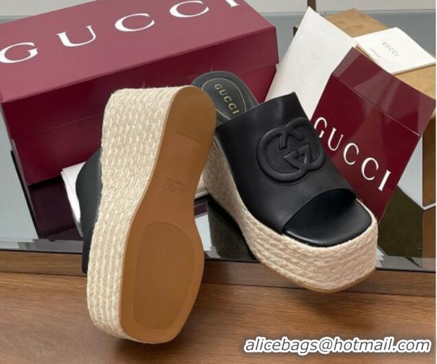 Buy Luxury Gucci Leather Interlocking G Wedge Slides Sandal 11cm Black 2025 817212