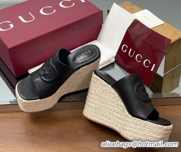 Buy Luxury Gucci Leather Interlocking G Wedge Slides Sandal 11cm Black 2025 817212