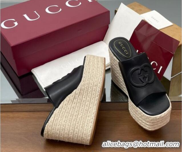 Buy Luxury Gucci Leather Interlocking G Wedge Slides Sandal 11cm Black 2025 817212