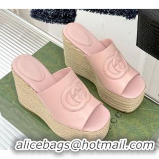 Durable Gucci Leather Interlocking G Wedge Slides Sandal 10.5cm Light Pink 2025 817212