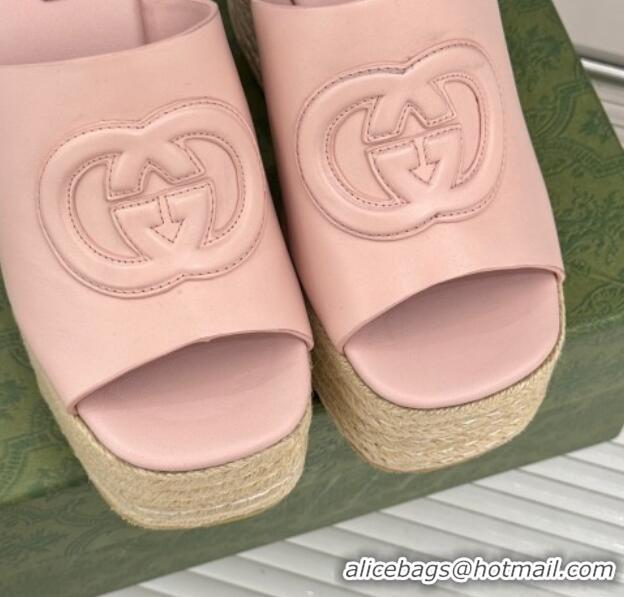 Durable Gucci Leather Interlocking G Wedge Slides Sandal 10.5cm Light Pink 2025 817212