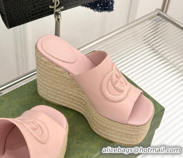 Durable Gucci Leather Interlocking G Wedge Slides Sandal 10.5cm Light Pink 2025 817212