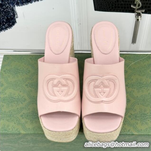 Durable Gucci Leather Interlocking G Wedge Slides Sandal 10.5cm Light Pink 2025 817212