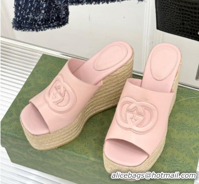 Durable Gucci Leather Interlocking G Wedge Slides Sandal 10.5cm Light Pink 2025 817212
