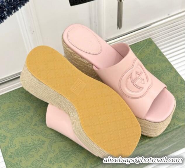 Durable Gucci Leather Interlocking G Wedge Slides Sandal 10.5cm Light Pink 2025 817212