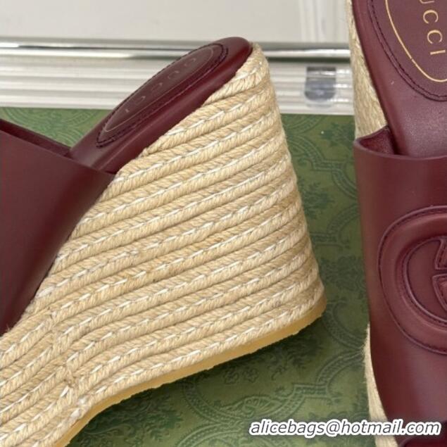 Luxury Gucci Leather Interlocking G Wedge Slides Sandal 10.5cm Dark Burgundy 2025 817212