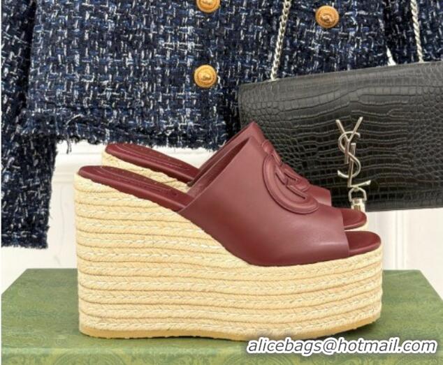 Luxury Gucci Leather Interlocking G Wedge Slides Sandal 10.5cm Dark Burgundy 2025 817212