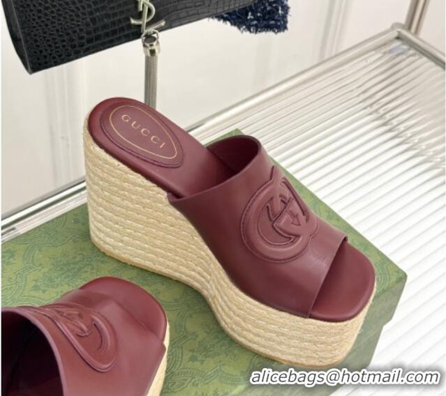 Luxury Gucci Leather Interlocking G Wedge Slides Sandal 10.5cm Dark Burgundy 2025 817212