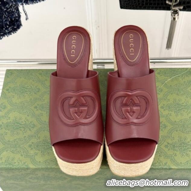 Luxury Gucci Leather Interlocking G Wedge Slides Sandal 10.5cm Dark Burgundy 2025 817212