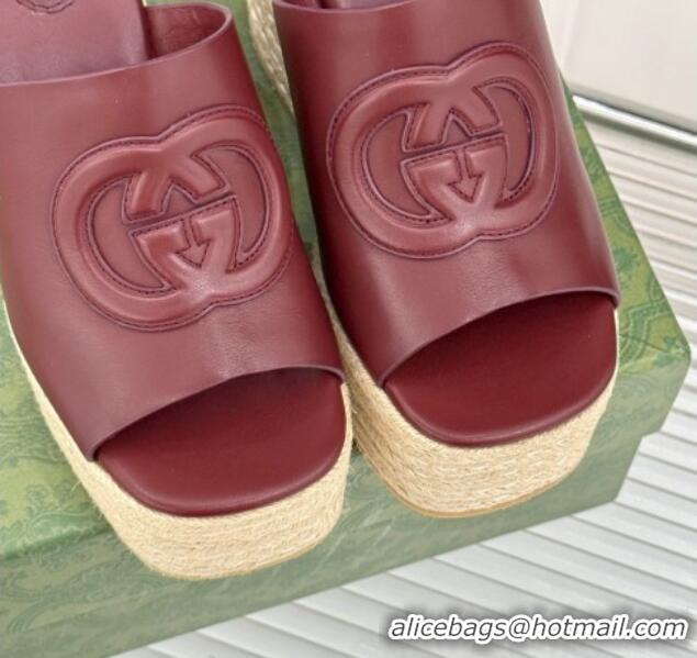 Luxury Gucci Leather Interlocking G Wedge Slides Sandal 10.5cm Dark Burgundy 2025 817212