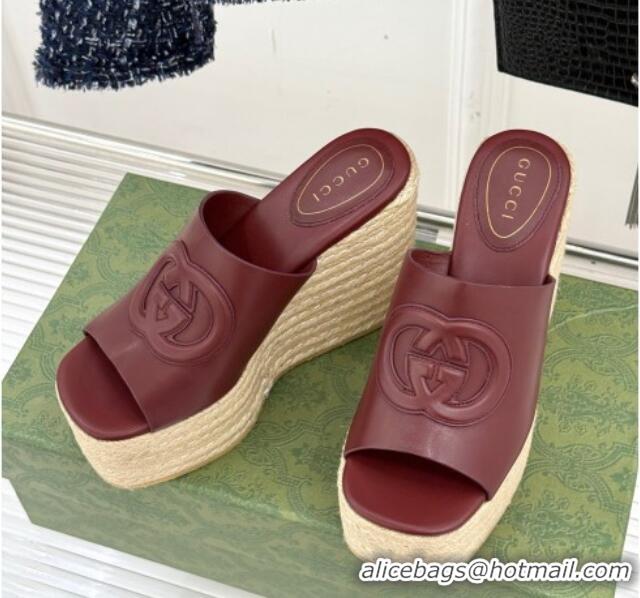 Luxury Gucci Leather Interlocking G Wedge Slides Sandal 10.5cm Dark Burgundy 2025 817212