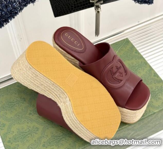 Luxury Gucci Leather Interlocking G Wedge Slides Sandal 10.5cm Dark Burgundy 2025 817212