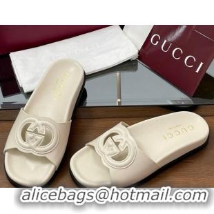 Good Quality Gucci Leather Interlocking G Flat Slides Sandal Ivory White 2025 816334