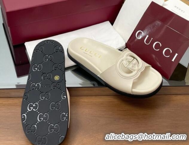 Good Quality Gucci Leather Interlocking G Flat Slides Sandal Ivory White 2025 816334
