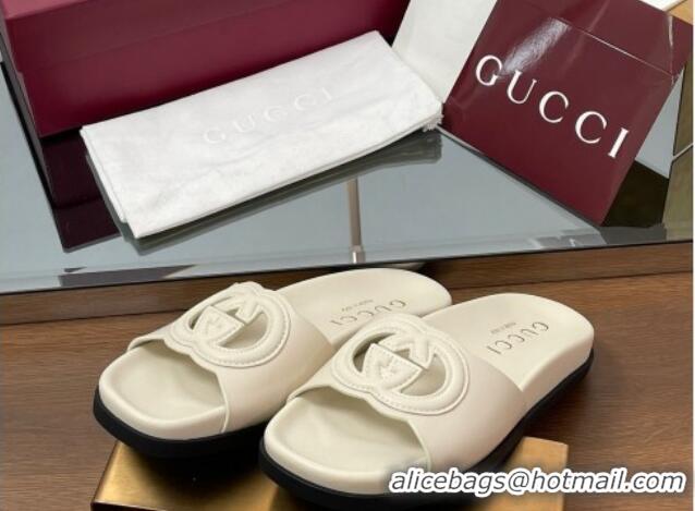 Good Quality Gucci Leather Interlocking G Flat Slides Sandal Ivory White 2025 816334