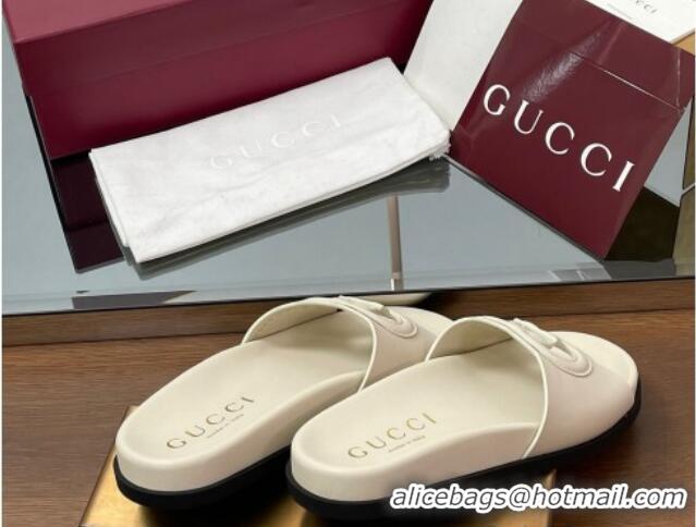 Good Quality Gucci Leather Interlocking G Flat Slides Sandal Ivory White 2025 816334