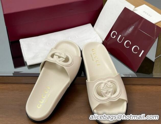 Good Quality Gucci Leather Interlocking G Flat Slides Sandal Ivory White 2025 816334