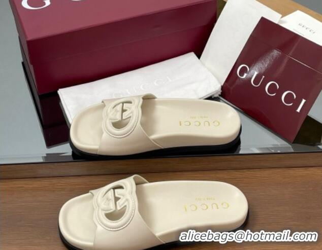 Good Quality Gucci Leather Interlocking G Flat Slides Sandal Ivory White 2025 816334