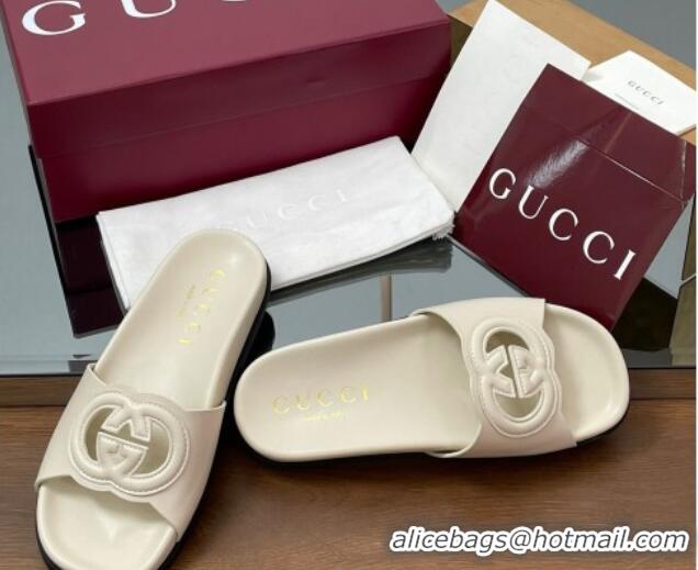 Good Quality Gucci Leather Interlocking G Flat Slides Sandal Ivory White 2025 816334