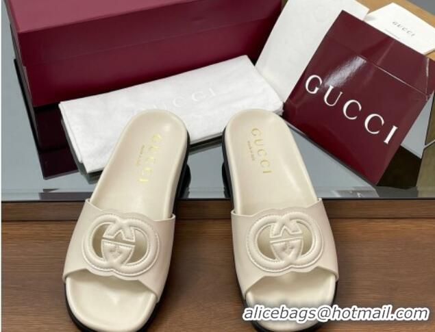 Good Quality Gucci Leather Interlocking G Flat Slides Sandal Ivory White 2025 816334