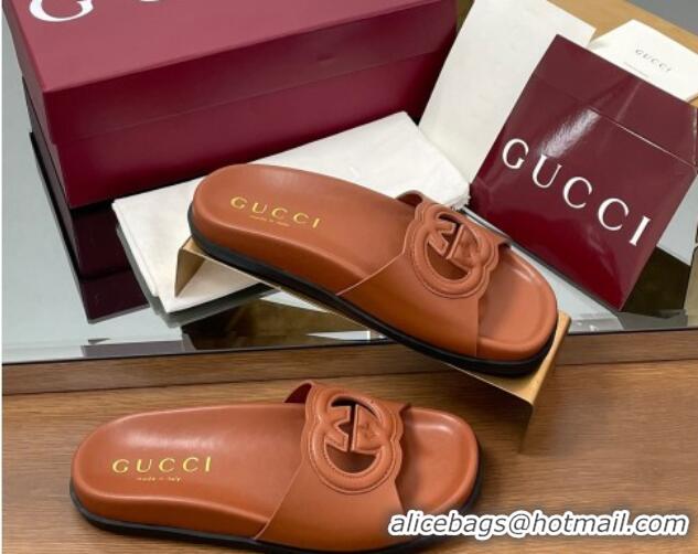 Good Looking Gucci Leather Interlocking G Flat Slides Sandal Brown 2025 816334