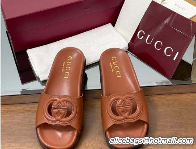 Good Looking Gucci Leather Interlocking G Flat Slides Sandal Brown 2025 816334