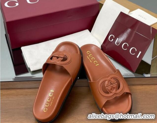 Good Looking Gucci Leather Interlocking G Flat Slides Sandal Brown 2025 816334