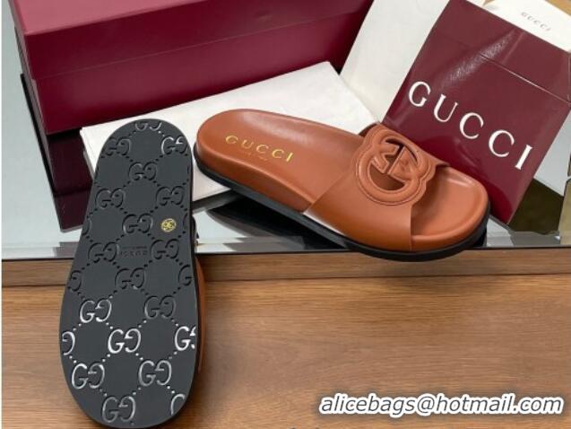 Good Looking Gucci Leather Interlocking G Flat Slides Sandal Brown 2025 816334