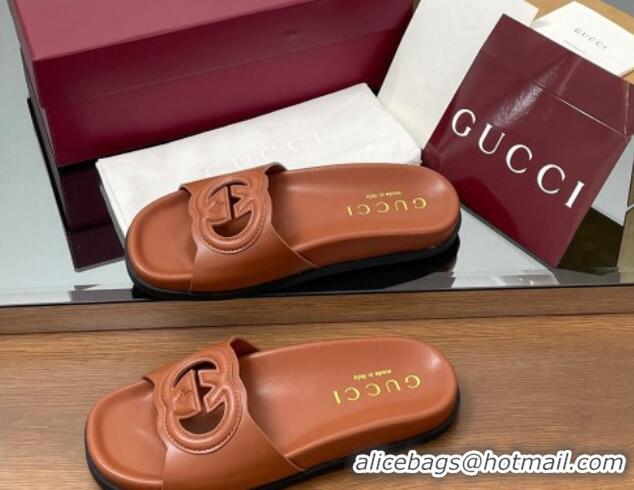 Good Looking Gucci Leather Interlocking G Flat Slides Sandal Brown 2025 816334