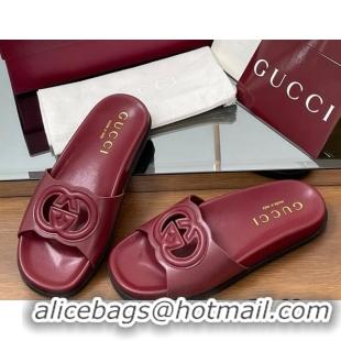 Grade Quality Gucci Leather Interlocking G Flat Slides Sandal Dark Burgundy 2025 816334