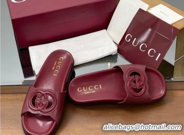Grade Quality Gucci Leather Interlocking G Flat Slides Sandal Dark Burgundy 2025 816334