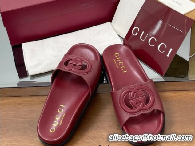 Grade Quality Gucci Leather Interlocking G Flat Slides Sandal Dark Burgundy 2025 816334