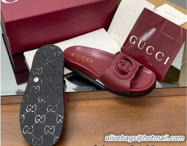 Grade Quality Gucci Leather Interlocking G Flat Slides Sandal Dark Burgundy 2025 816334