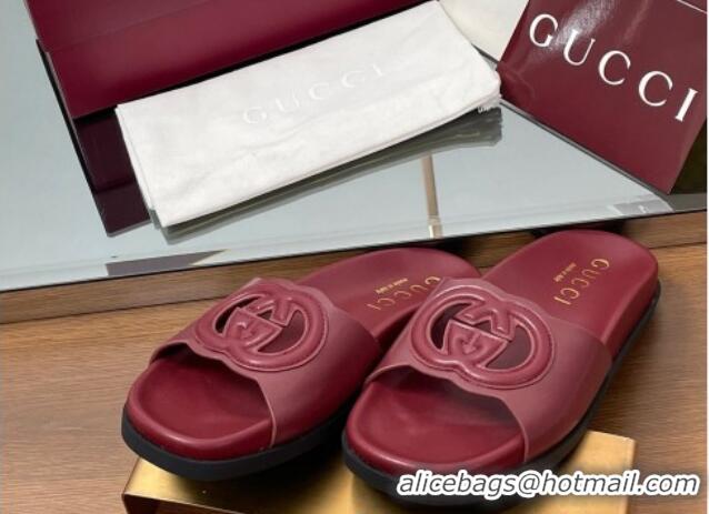 Grade Quality Gucci Leather Interlocking G Flat Slides Sandal Dark Burgundy 2025 816334