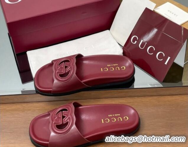 Grade Quality Gucci Leather Interlocking G Flat Slides Sandal Dark Burgundy 2025 816334