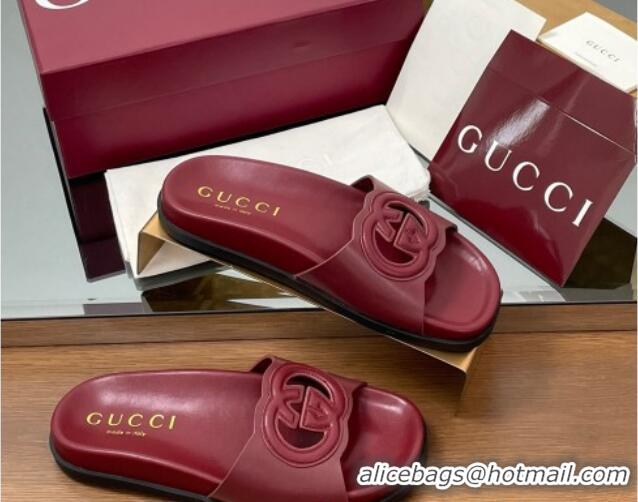 Grade Quality Gucci Leather Interlocking G Flat Slides Sandal Dark Burgundy 2025 816334